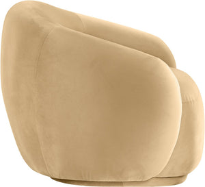Meridian Furniture Emery Plush Velvet Accent Chair with Curved Eucalyptus Frame for Modern Living Room Comfort Camel 44044Camel-C