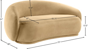 Meridian Furniture Emery Curved Velvet Sofa with Deep Cushioned Seating and Rounded Arms for Modern Living Rooms Camel 77 inches 44044Camel-L