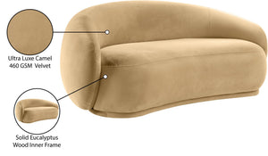 Meridian Furniture Emery Curved Velvet Sofa with Deep Cushioned Seating and Rounded Arms for Modern Living Rooms Camel 77 inches 44044Camel-L