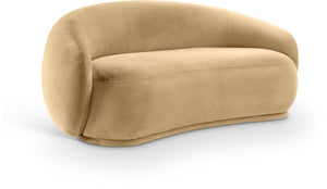 Meridian Furniture Emery Curved Velvet Sofa with Deep Cushioned Seating and Rounded Arms for Modern Living Rooms Camel 77 inches 44044Camel-L