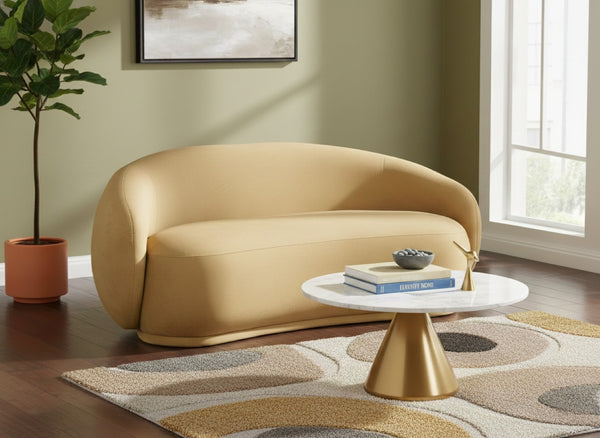 Meridian Furniture Emery Curved Velvet Sofa with Deep Cushioned Seating and Rounded Arms for Modern Living Rooms Camel 77 inches 44044Camel-L