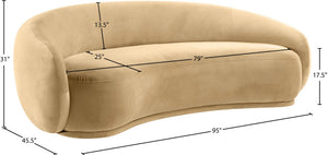 Meridian Furniture Emery Curved Velvet Sofa with Deep Cushioned Seating and Rounded Arms for Modern Living Rooms Camel 95 inches 44044Camel-S