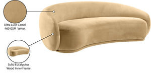 Meridian Furniture Emery Curved Velvet Sofa with Deep Cushioned Seating and Rounded Arms for Modern Living Rooms Camel 95 inches 44044Camel-S