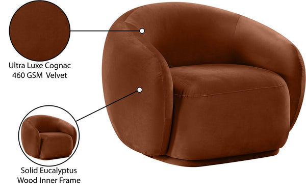 Meridian Furniture Emery Plush Velvet Accent Chair with Curved Eucalyptus Frame for Modern Living Room Comfort Cognac 44044Cognac-C