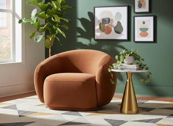 Meridian Furniture Emery Plush Velvet Accent Chair with Curved Eucalyptus Frame for Modern Living Room Comfort Cognac 44044Cognac-C