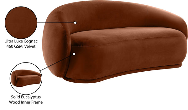 Meridian Furniture Emery Curved Velvet Sofa with Deep Cushioned Seating and Rounded Arms for Modern Living Rooms Cognac 77 inches 44044Cognac-L