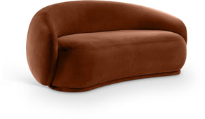 Meridian Furniture Emery Curved Velvet Sofa with Deep Cushioned Seating and Rounded Arms for Modern Living Rooms Cognac 77 inches 44044Cognac-L