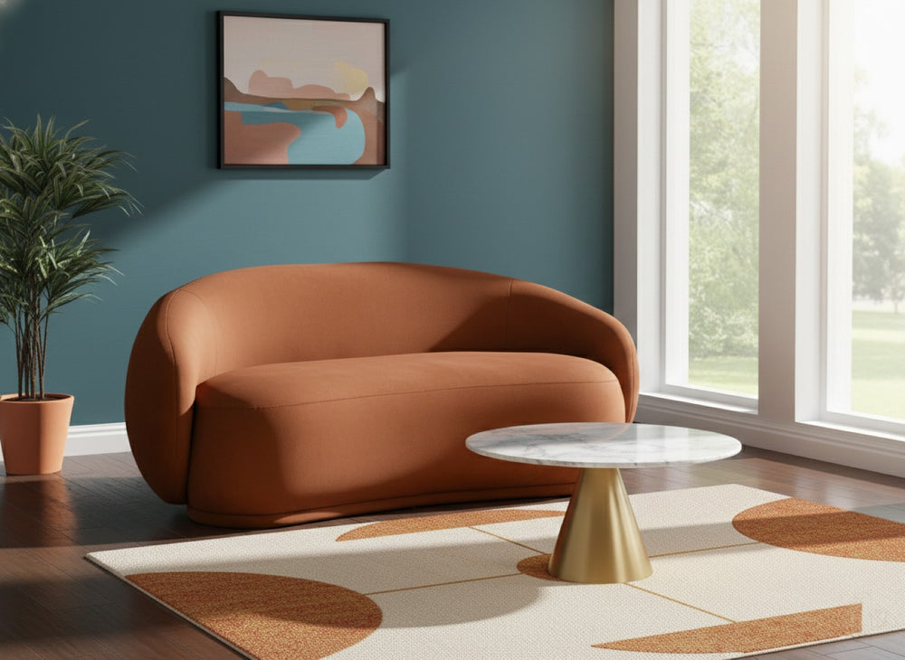 Meridian Furniture Emery Curved Velvet Sofa with Deep Cushioned Seating and Rounded Arms for Modern Living Rooms Cognac 77 inches 44044Cognac-L