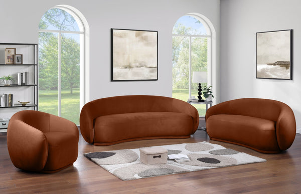 Meridian Furniture Emery Curved Velvet Sofa with Deep Cushioned Seating and Rounded Arms for Modern Living Rooms Cognac 77 inches 44044Cognac-L