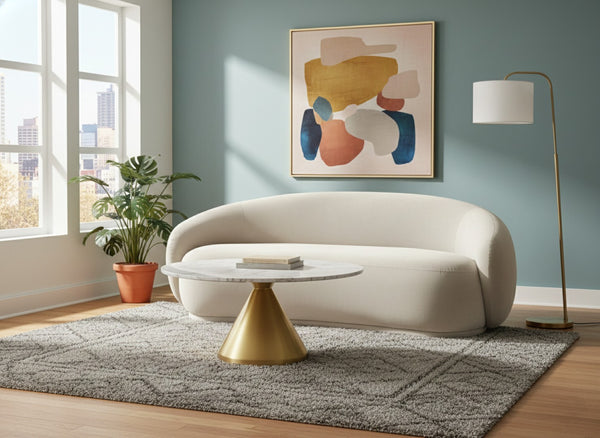 Meridian Furniture Emery Curved Velvet Sofa with Deep Cushioned Seating and Rounded Arms for Modern Living Rooms Cream 77 inches 44044Cream-L