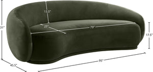 Meridian Furniture Emery Curved Velvet Sofa with Deep Cushioned Seating and Rounded Arms for Modern Living Rooms Green 95 inches 44044Green-S