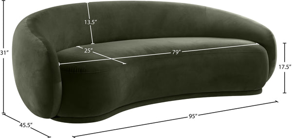 Meridian Furniture Emery Curved Velvet Sofa with Deep Cushioned Seating and Rounded Arms for Modern Living Rooms Green 95 inches 44044Green-S