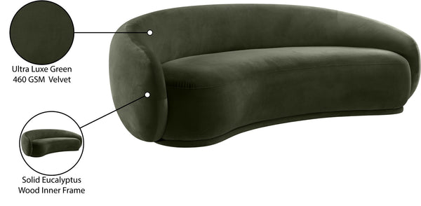 Meridian Furniture Emery Curved Velvet Sofa with Deep Cushioned Seating and Rounded Arms for Modern Living Rooms Green 95 inches 44044Green-S