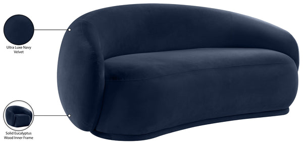 Meridian Furniture Emery Curved Velvet Sofa with Deep Cushioned Seating and Rounded Arms for Modern Living Rooms Navy 77 inches 44044Navy-L
