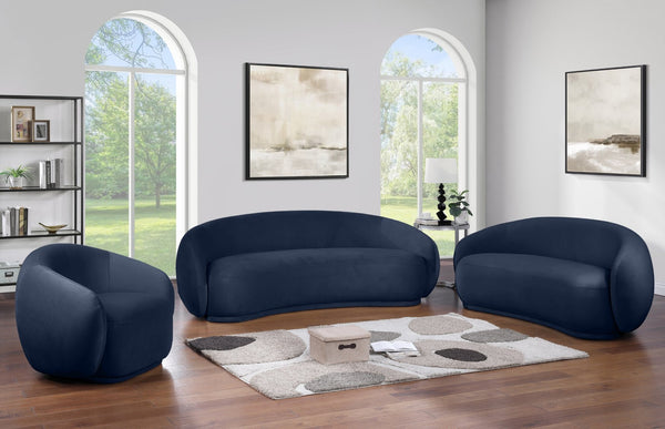 Meridian Furniture Emery Curved Velvet Sofa with Deep Cushioned Seating and Rounded Arms for Modern Living Rooms Navy 77 inches 44044Navy-L