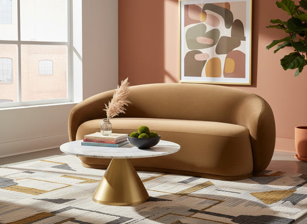 Meridian Furniture Emery Curved Velvet Sofa with Deep Cushioned Seating and Rounded Arms for Modern Living Rooms Saddle 77 inches 44044Saddle-L
