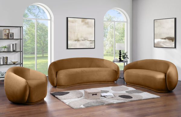 Meridian Furniture Emery Curved Velvet Sofa with Deep Cushioned Seating and Rounded Arms for Modern Living Rooms Saddle 77 inches 44044Saddle-L