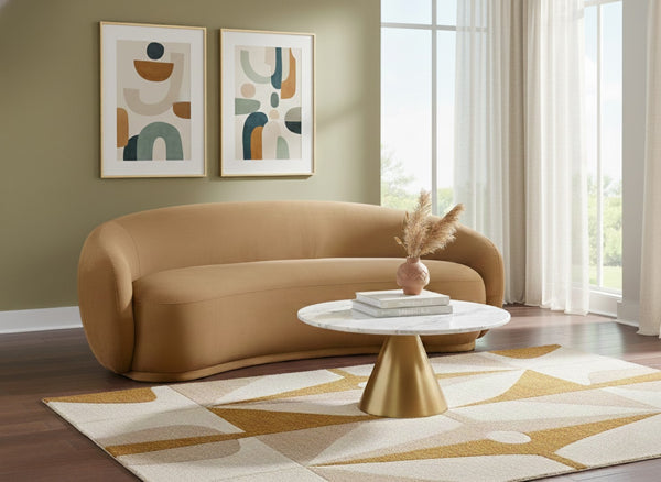 Meridian Furniture Emery Curved Velvet Sofa with Deep Cushioned Seating and Rounded Arms for Modern Living Rooms Saddle 95 inches 44044Saddle-S