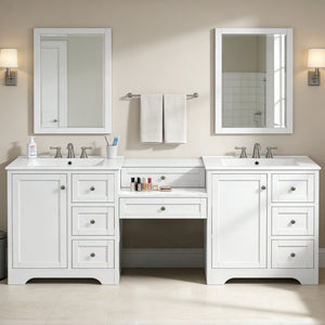 English Elm 84" Double Sink Vanity with Stone Countertop Six Soft Close Drawers and Silver Knobs White N817P404196W