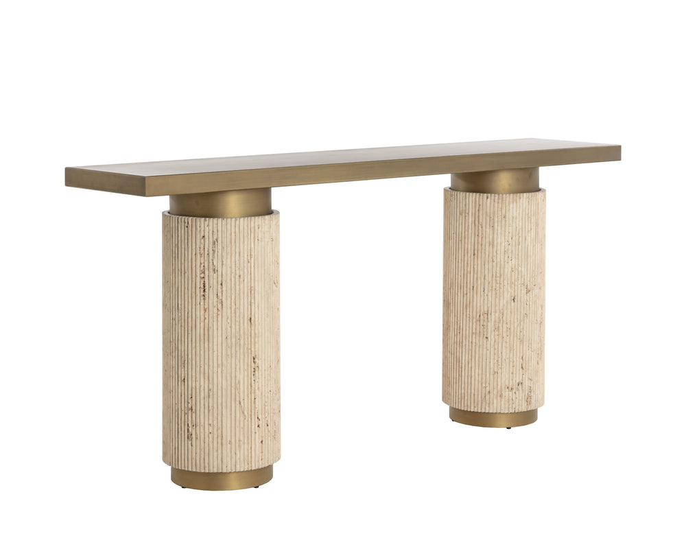 Sunpan Ashva Console Table - Timeless Greek-inspired Design With Reeded Travertine And Antique Brass Finish Gold Iron 111821