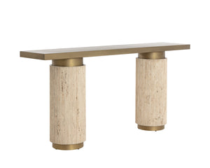 Sunpan Ashva Console Table - Timeless Greek-inspired Design With Reeded Travertine And Antique Brass Finish Gold Iron 111821