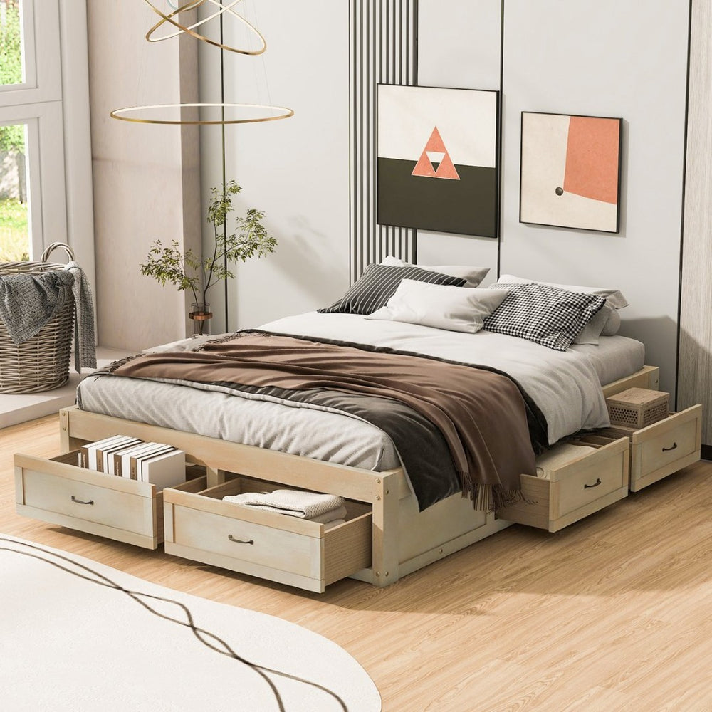 English Elm Queen Platform Bed with Six Storage Drawers Low Profile Frame for Modern Bedrooms Antique Natural N708P263022N-1