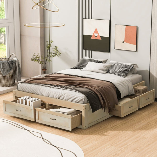 English Elm Queen Platform Bed with Six Storage Drawers Low Profile Frame for Modern Bedrooms Antique Natural N708P263022N