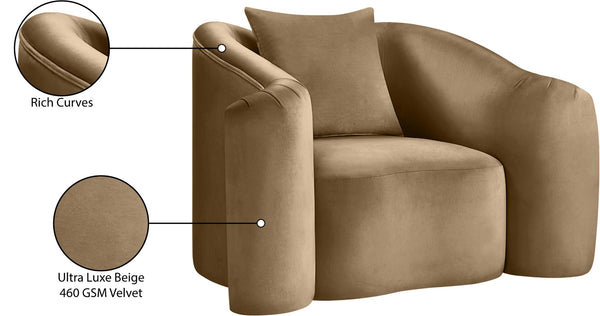 Meridian Furniture Destin Sculptural Velvet Accent Chair with Organic Curves for Modern Living Room Comfort Beige 44052Beige-C