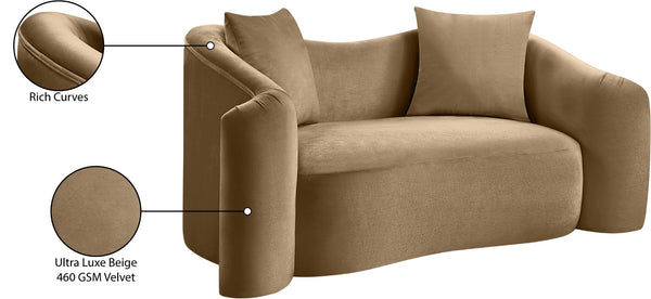 Meridian Furniture Destin Curved Velvet Loveseat with Plush Cushions and Sculpted Frame for Modern Living Rooms Beige 44052Beige-L