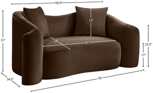 Meridian Furniture Destin Curved Velvet Loveseat with Plush Cushions and Sculpted Frame for Modern Living Rooms Brown 44052Brown-L