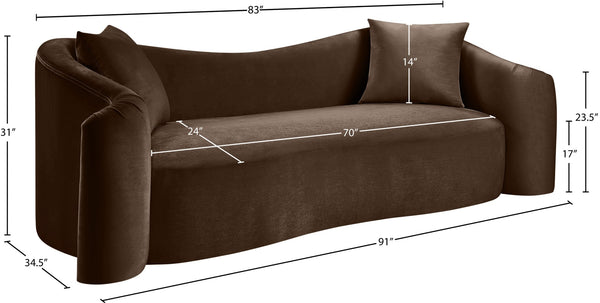 Meridian Furniture Destin Curved Velvet Sofa with Plush Deep Cushions for Modern Living Room Style and Comfort Brown 44052Brown-S