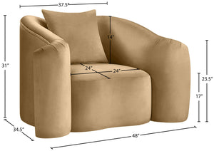 Meridian Furniture Destin Sculptural Velvet Accent Chair with Organic Curves for Modern Living Room Comfort Camel 44052Camel-C