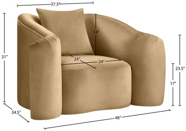 Meridian Furniture Destin Sculptural Velvet Accent Chair with Organic Curves for Modern Living Room Comfort Camel 44052Camel-C