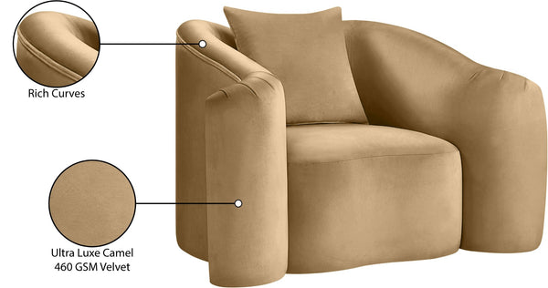 Meridian Furniture Destin Sculptural Velvet Accent Chair with Organic Curves for Modern Living Room Comfort Camel 44052Camel-C