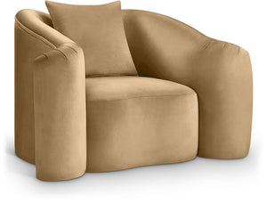 Meridian Furniture Destin Sculptural Velvet Accent Chair with Organic Curves for Modern Living Room Comfort Camel 44052Camel-C
