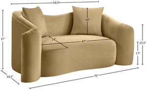 Meridian Furniture Destin Curved Velvet Loveseat with Plush Cushions and Sculpted Frame for Modern Living Rooms Camel 44052Camel-L