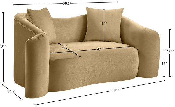 Meridian Furniture Destin Curved Velvet Loveseat with Plush Cushions and Sculpted Frame for Modern Living Rooms Camel 44052Camel-L