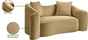 Meridian Furniture Destin Curved Velvet Loveseat with Plush Cushions and Sculpted Frame for Modern Living Rooms Camel 44052Camel-L