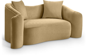 Meridian Furniture Destin Curved Velvet Loveseat with Plush Cushions and Sculpted Frame for Modern Living Rooms Camel 44052Camel-L
