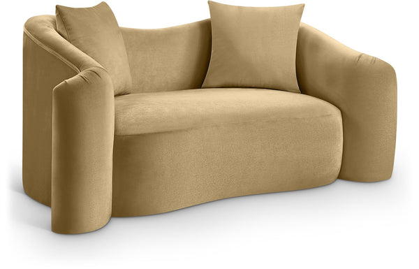 Meridian Furniture Destin Curved Velvet Loveseat with Plush Cushions and Sculpted Frame for Modern Living Rooms Camel 44052Camel-L
