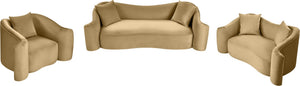 Meridian Furniture Destin Curved Velvet Loveseat with Plush Cushions and Sculpted Frame for Modern Living Rooms Camel 44052Camel-L