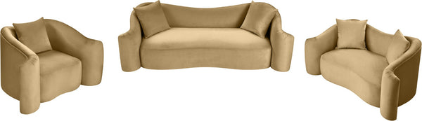 Meridian Furniture Destin Curved Velvet Loveseat with Plush Cushions and Sculpted Frame for Modern Living Rooms Camel 44052Camel-L