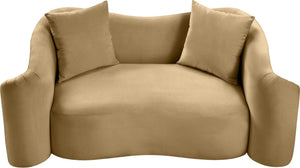 Meridian Furniture Destin Curved Velvet Loveseat with Plush Cushions and Sculpted Frame for Modern Living Rooms Camel 44052Camel-L