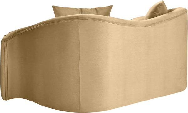Meridian Furniture Destin Curved Velvet Loveseat with Plush Cushions and Sculpted Frame for Modern Living Rooms Camel 44052Camel-L