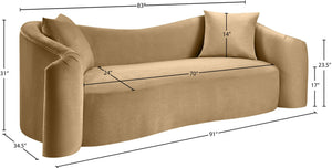 Meridian Furniture Destin Curved Velvet Sofa with Plush Deep Cushions for Modern Living Room Style and Comfort Camel 44052Camel-S