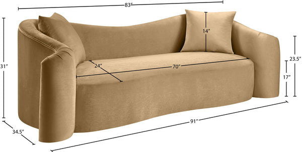 Meridian Furniture Destin Curved Velvet Sofa with Plush Deep Cushions for Modern Living Room Style and Comfort Camel 44052Camel-S