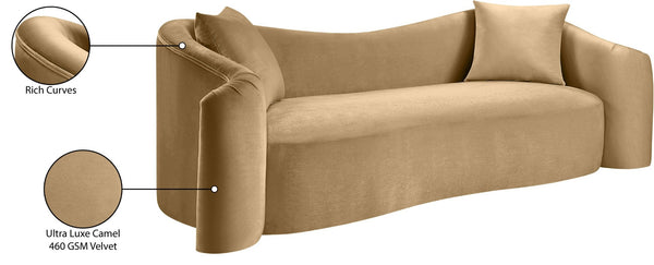 Meridian Furniture Destin Curved Velvet Sofa with Plush Deep Cushions for Modern Living Room Style and Comfort Camel 44052Camel-S