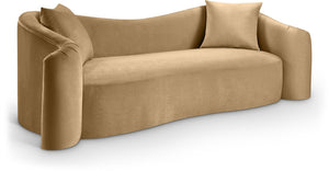 Meridian Furniture Destin Curved Velvet Sofa with Plush Deep Cushions for Modern Living Room Style and Comfort Camel 44052Camel-S