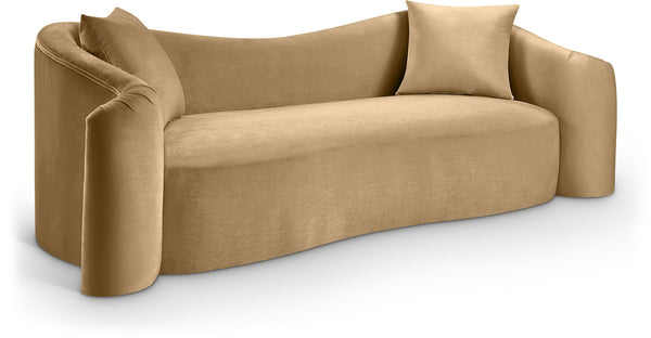 Meridian Furniture Destin Curved Velvet Sofa with Plush Deep Cushions for Modern Living Room Style and Comfort Camel 44052Camel-S