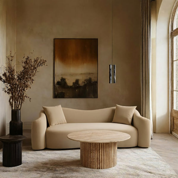 Meridian Furniture Destin Curved Velvet Sofa with Plush Deep Cushions for Modern Living Room Style and Comfort Camel 44052Camel-S